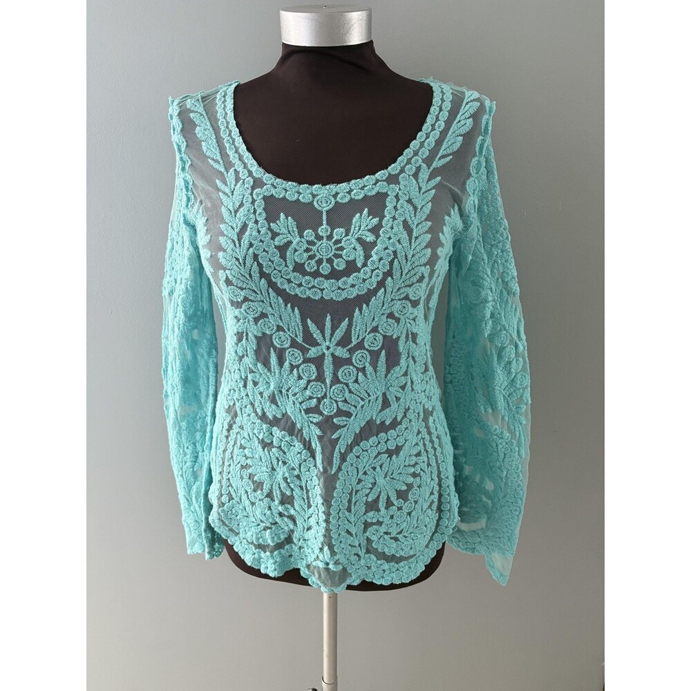 Blue Sheer Embroidered Lace Top Womens Medium Floral Boho Festival Layer Beach